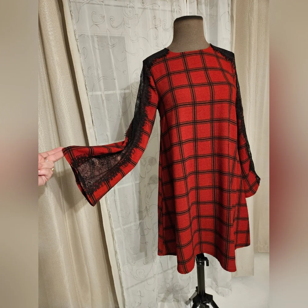 Gianni Bini Red Black Lace Plaid Whimsigoth Business Casual Midi Dress XS - Picture 14 of 16